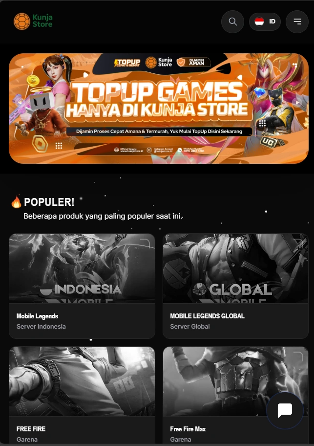 Contoh desain website top up game Kunjastore tema Gold